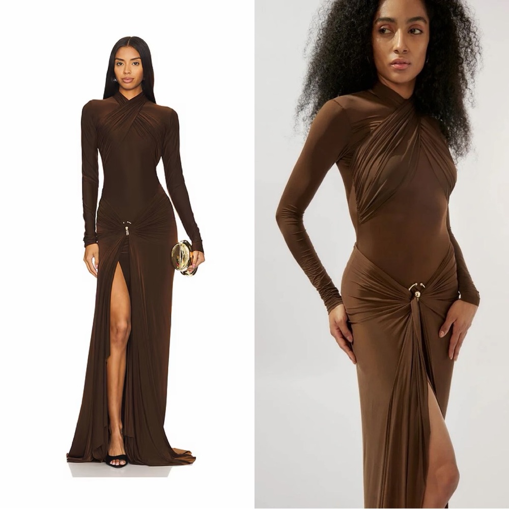 Long Sleeve Brown Maxi Dress with Front Slit